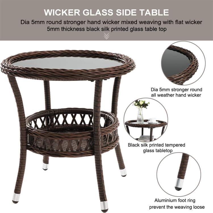 Outdoor Side Table Patio Wicker Coffee Table Outdoor End Table Rattan Bistro Table with Storage & Black Glass Table Top Round for Outside Balcony Porch Backyard Deck Brown