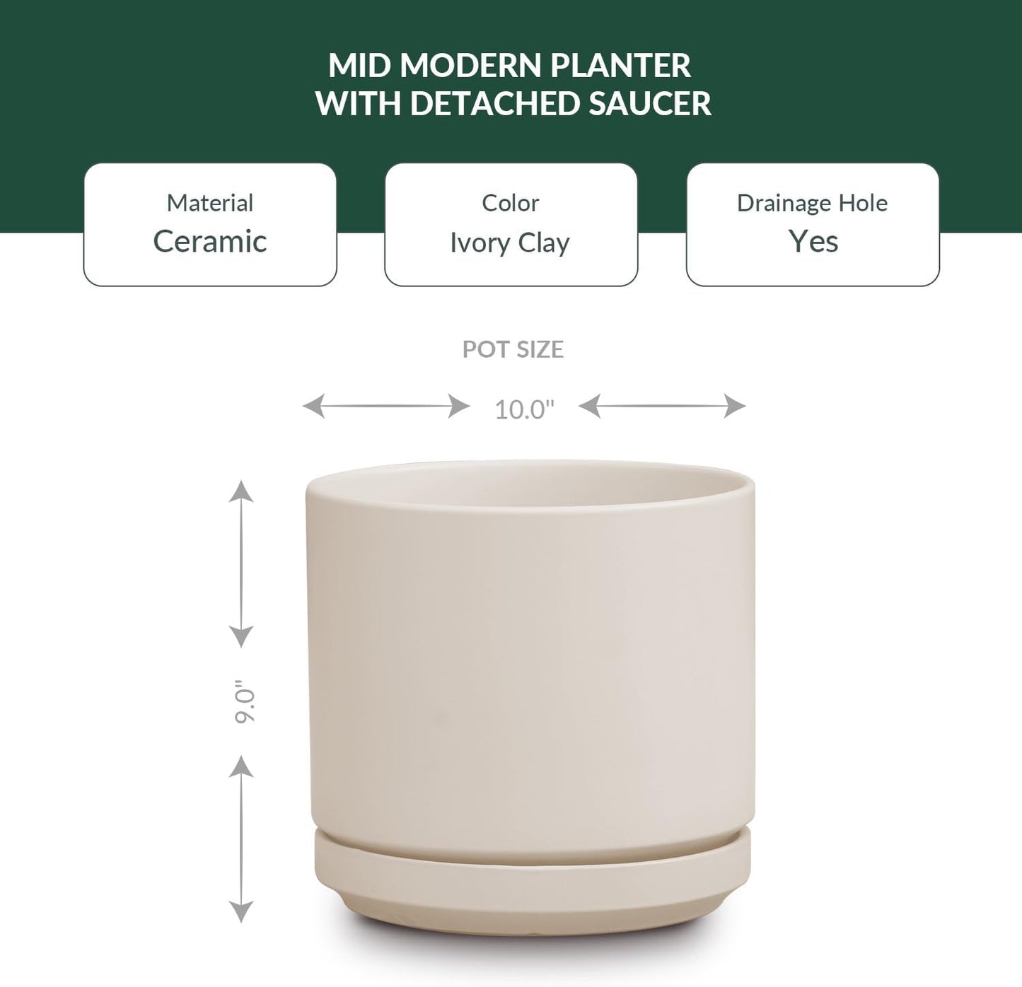 Ceramic Mid Modern Planter Pots with Detached Saucer - Indoor/Outdoor Plant Pots with Drainage Hole