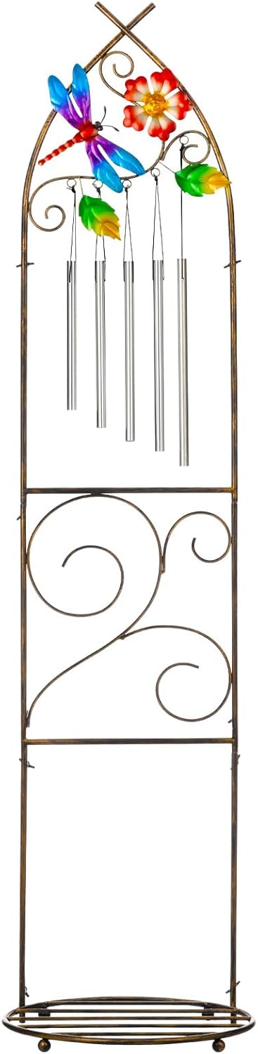 Garden Trellis with Plant Stands, 48” Metal Detachable Dragonfly Plant Pot Trellis with Wind Chimes for Climbing Plants Outdoor Lawn Patio Porches Decor