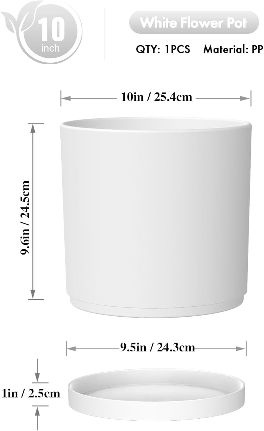 10 Inch Large Plant Pots for Indoor Outdoor Plants, Cylinder Deep Flower Pots with Drainage Holes and Saucer, Big Decorative Plastic Planter Pots for Garden House Plants, White