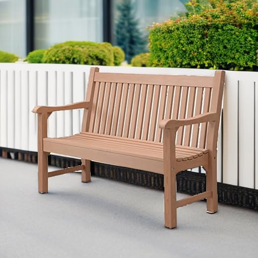 Psilvam 2-Person Poly Lumber Outdoor Bench with 700 Lbs Weight Capacity – Weatherproof Garden Seating for, Balcony Porch & Park, All-Weather Fade-Resistant Patio Furniture (Teak Color)