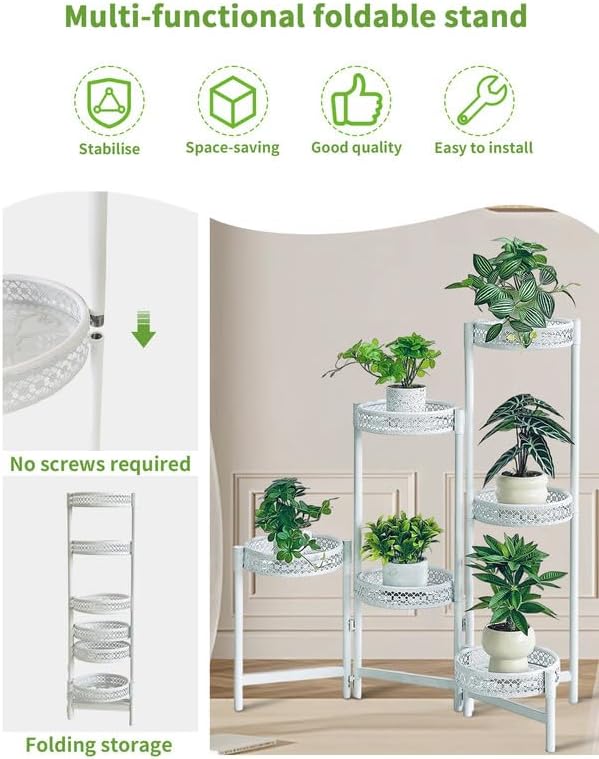 6 Tier Metal Plant Stand, 6 Potted Multiple Flower Pot Holder Shelf, Indoor&Outdoor Folding Planter Display Shelves for Patio Garden, Living Room, Corner Balcony, Bedroom - WhiteWave