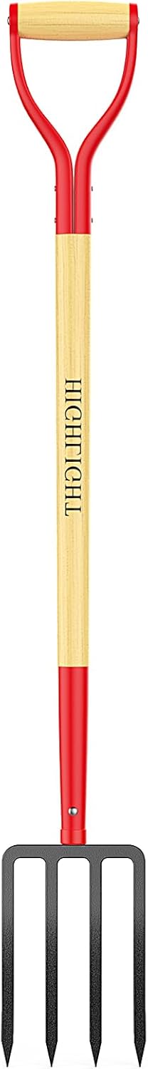 HIGHLIGHT Garden Fork, 4-Tine Spading Fork, Compost Fork, Steel Digging Fork, 45Inch, Steel D-Grip, Wooden Handle
