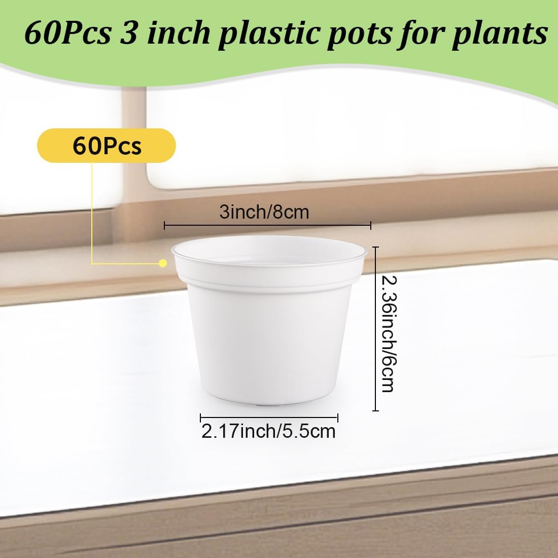 60 Pack 3 Inch White Nursery Pots - Plastic Seedling, Seed Starter, Germination Pots with Drainage for Plants, Succulents, Flowers, Transplanting Gardening Gifts
