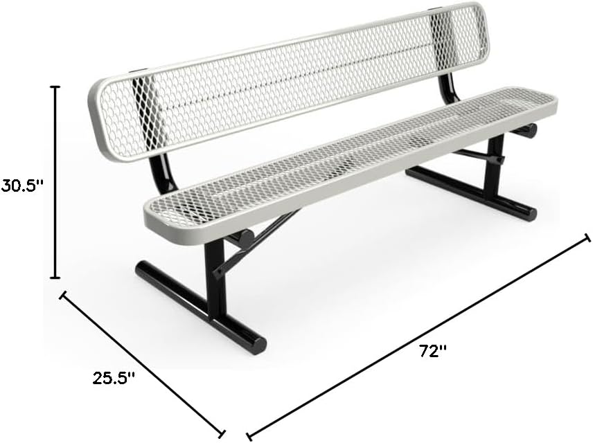 Coated Outdoor Furniture Heavy-Duty Portable Outdoor Bench Thermoplastic Coated, Expanded Metal, Commercial-Grade Seating, Made in America (Portable with Back, 6 Ft, Grey)