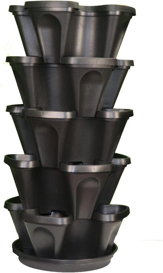 5-Tier 13 inch Strawberry and Herb Garden Planter - Stackable Gardening Pots with 10 Inch Saucer (Black)