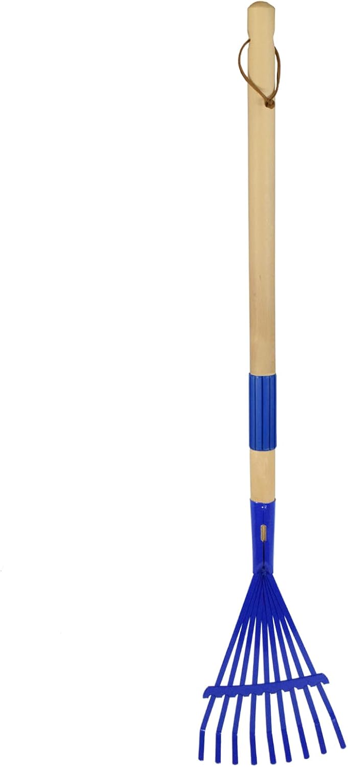 Kids Leaf Rake-Small Wooden Handle Leaf Rake with Metal Tines, 27inches /69cm Length, for Kids Enjoy Garden Cleaning Activities (Blue)