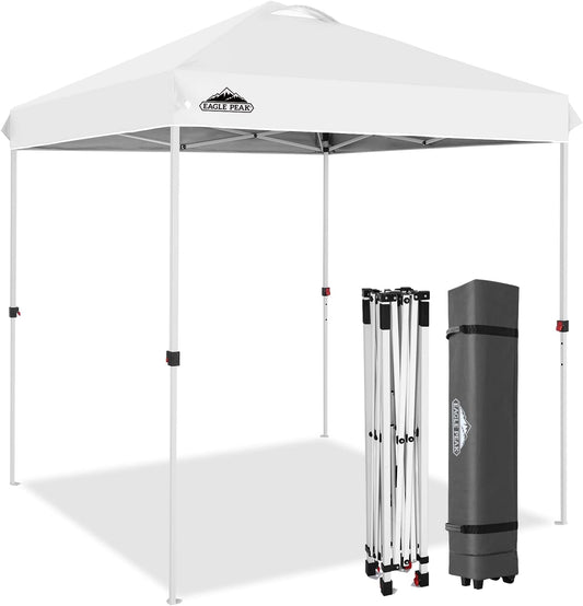 EAGLE PEAK Pop Up Canopy Tent with Wheeled Carry Bag, 8 Stakes, 4 Ropes, Easy Set Up Tent Canopy, 6.6x6.6 ft, White