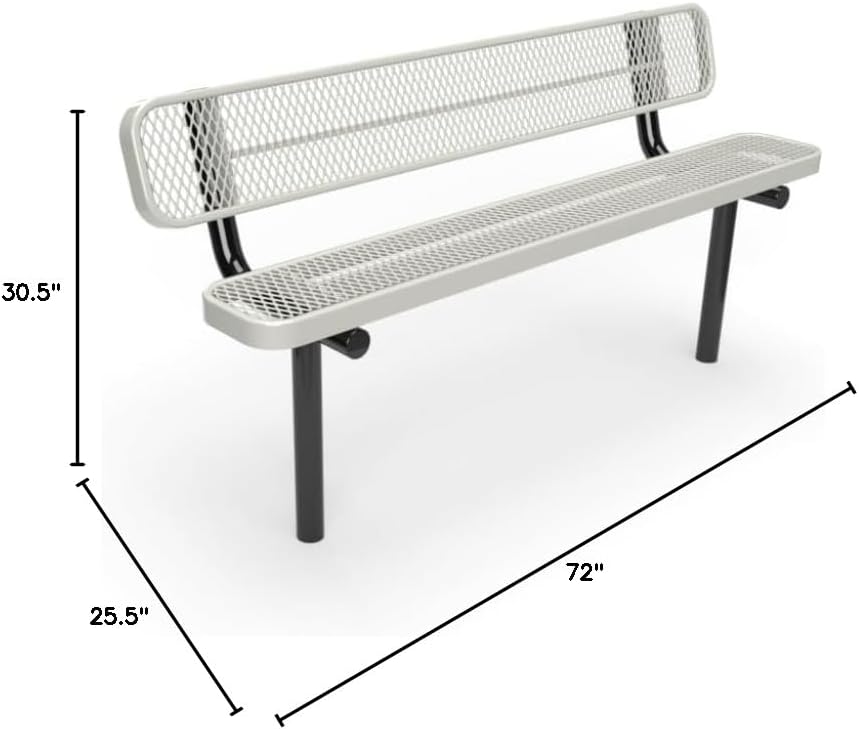 Coated Outdoor Furniture Heavy-Duty Outdoor Bench Thermoplastic Coated, Expanded Metal, Commercial-Grade Seating, Made in America (Inground with Back, 6 Ft, Grey)