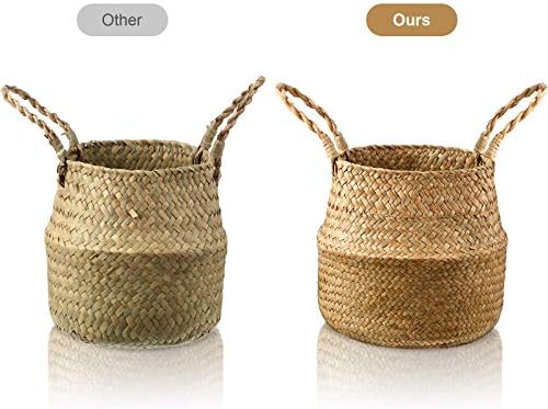 Patelai 3 Set Seagrass Belly Storage Basket Woven Plant Pot Holder with Handles for Plants Picnic Grocery Laundry(Natural Color)