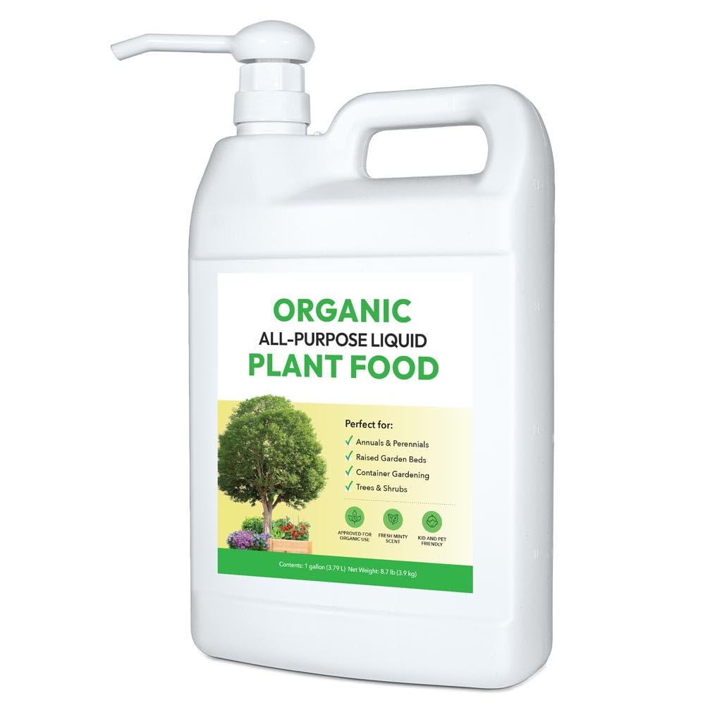 Organic All-Purpose Liquid Plant Food Pump Bundle: for Outdoor Plants, Flower Beds, Veggie Gardens, Container Gardening | Concentrated Liquid Fertilizer Alternative (1 Gallon + Pump, Mixes to 128G)