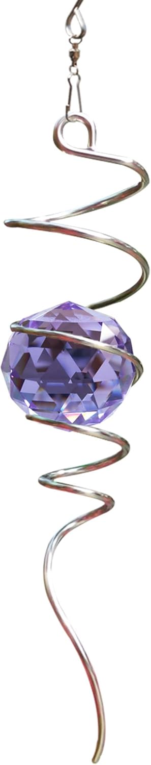 Fonmy Gazing Ball Spiral Tail -Decorative Wind Spinner Sun Catcher Rainbow Maker 11 inch Tail and 2 inch Purple Crystal Orb. Indoor Outdoor Garden Decoration -13 inch Height