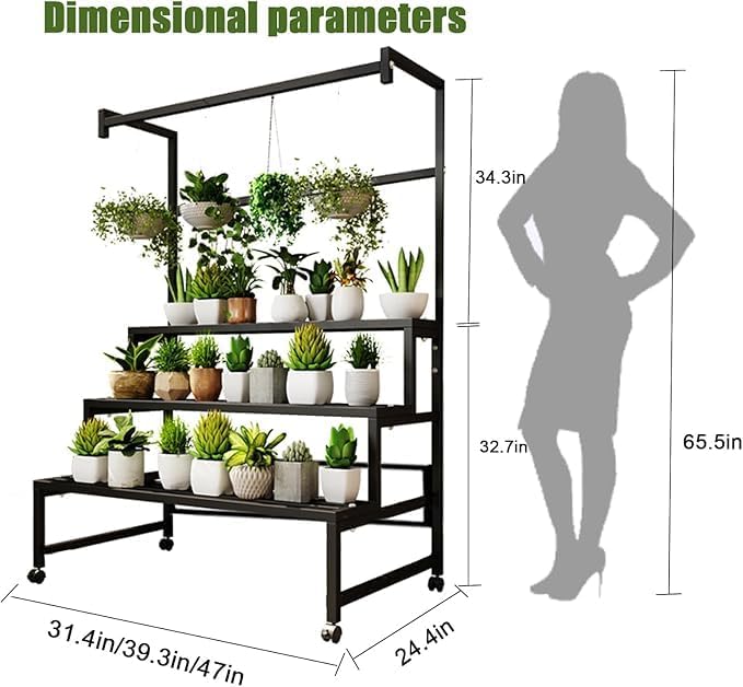 3 Tier Large Metal Plant Stand, with Hanging Tall Plant pot shelf, with Rollers Heavy Duty Plant Holder, for Home/Garden/living room/balcony (BLACK, 47IN)