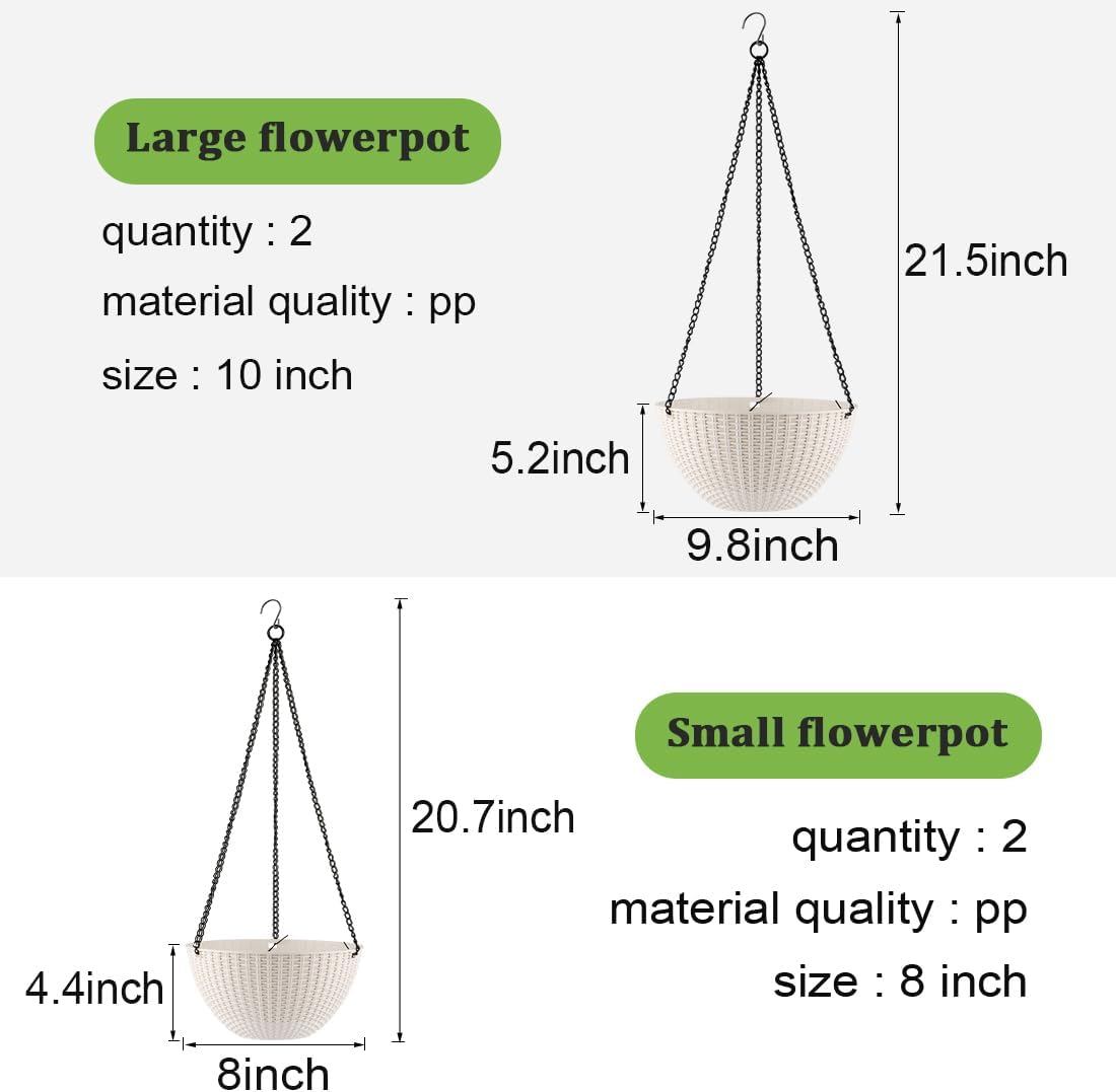 Hanging Planters for Indoor Outdoor Plants 8/10 Inch, 4 Packs Plant Hanger with Drainage Holes, Hanging Basket Flower Pot Perfect for Home, Office and Garden,White