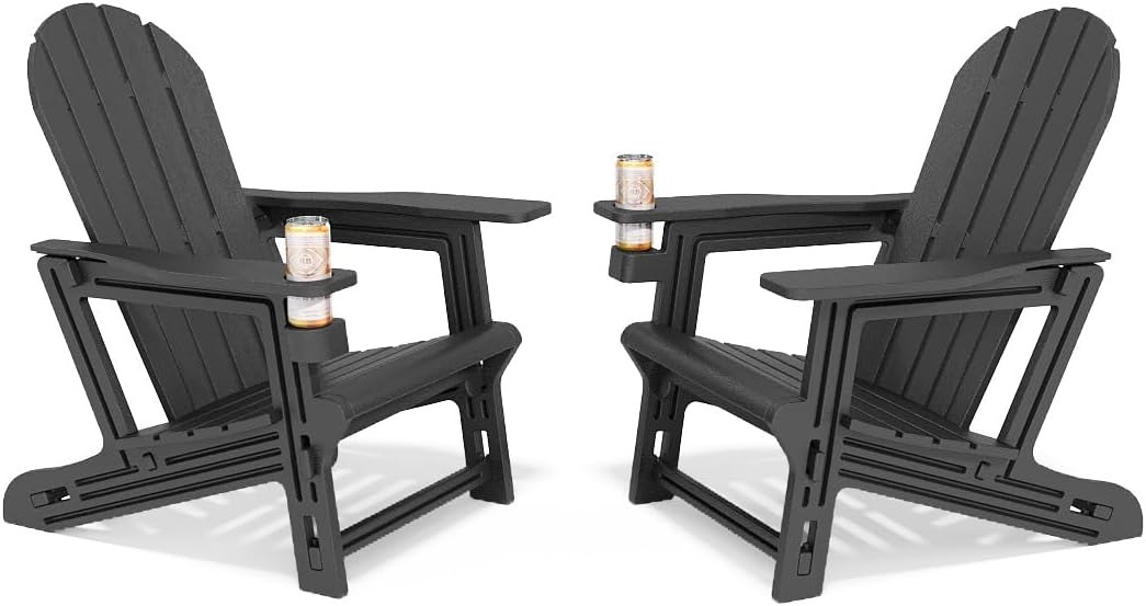 Adirondack Chairs Set of 2, Tool-Free Assembly All-Weather Plastic Adirondack Chairs, HDPE Fire Pit Chairs with Cup Holder, Outdoor Chair for Patio Garden (Black)