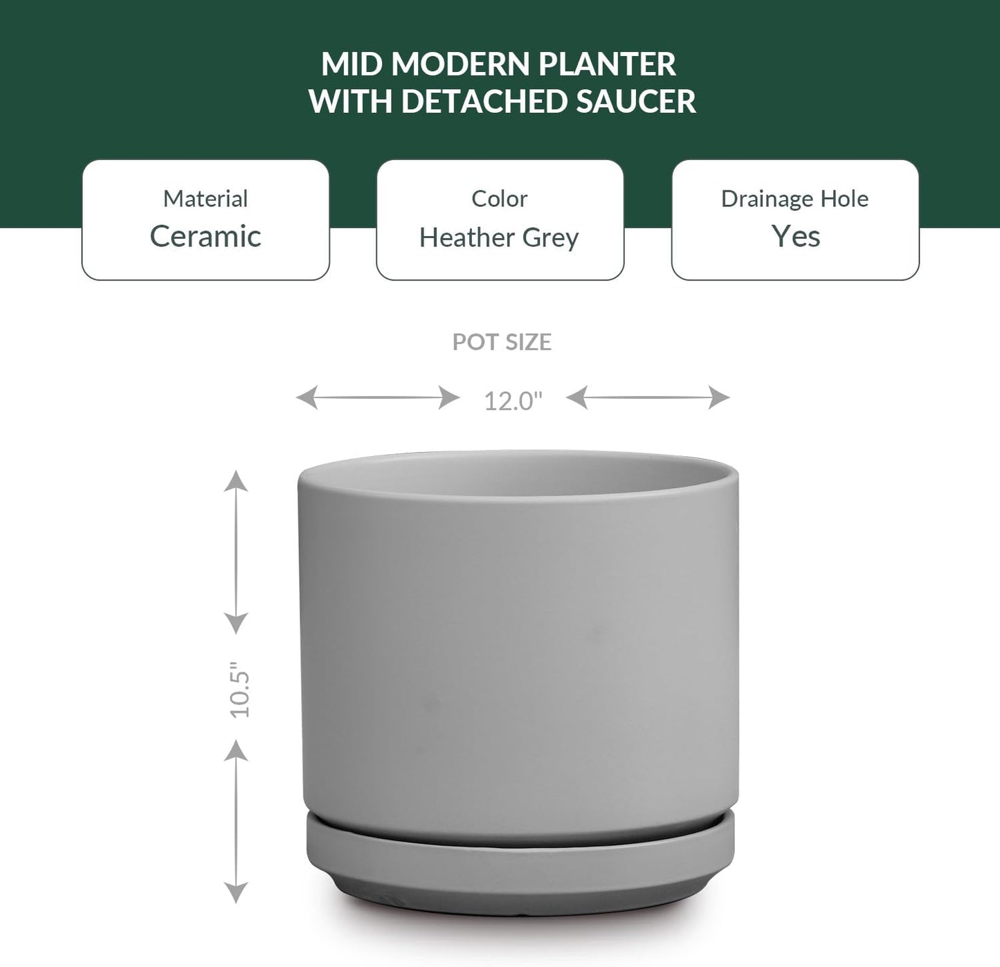 Ceramic Mid Modern Planter Pots with Detached Saucer - Indoor/Outdoor Plant Pots with Drainage Hole
