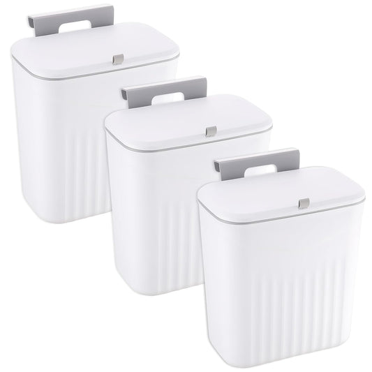 3 Pack Hanging Trash Can with Lid, Kitchen Compost Bin for Counter Top or Under Sink, Waste Basket Wall Mounted Garbage Can for Cupboard/Bathroom/Bedroom/Office/Camping (White)