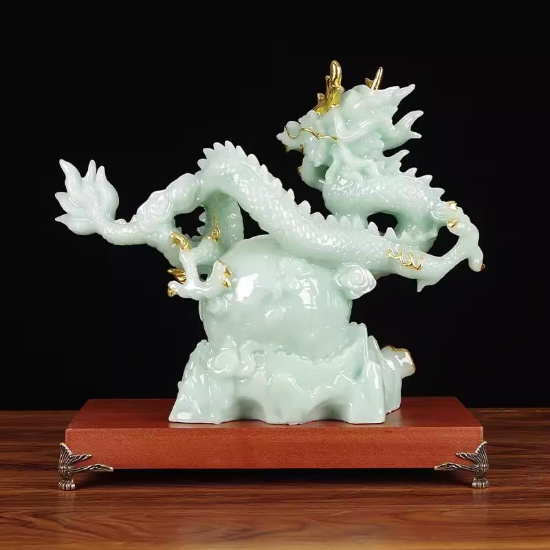 12.2 INCH Chinese Feng Shui Dragon Lucky Jade Color Figurine Statue for Luck & Success,Home Office Bookshelf Desk Decor,Green