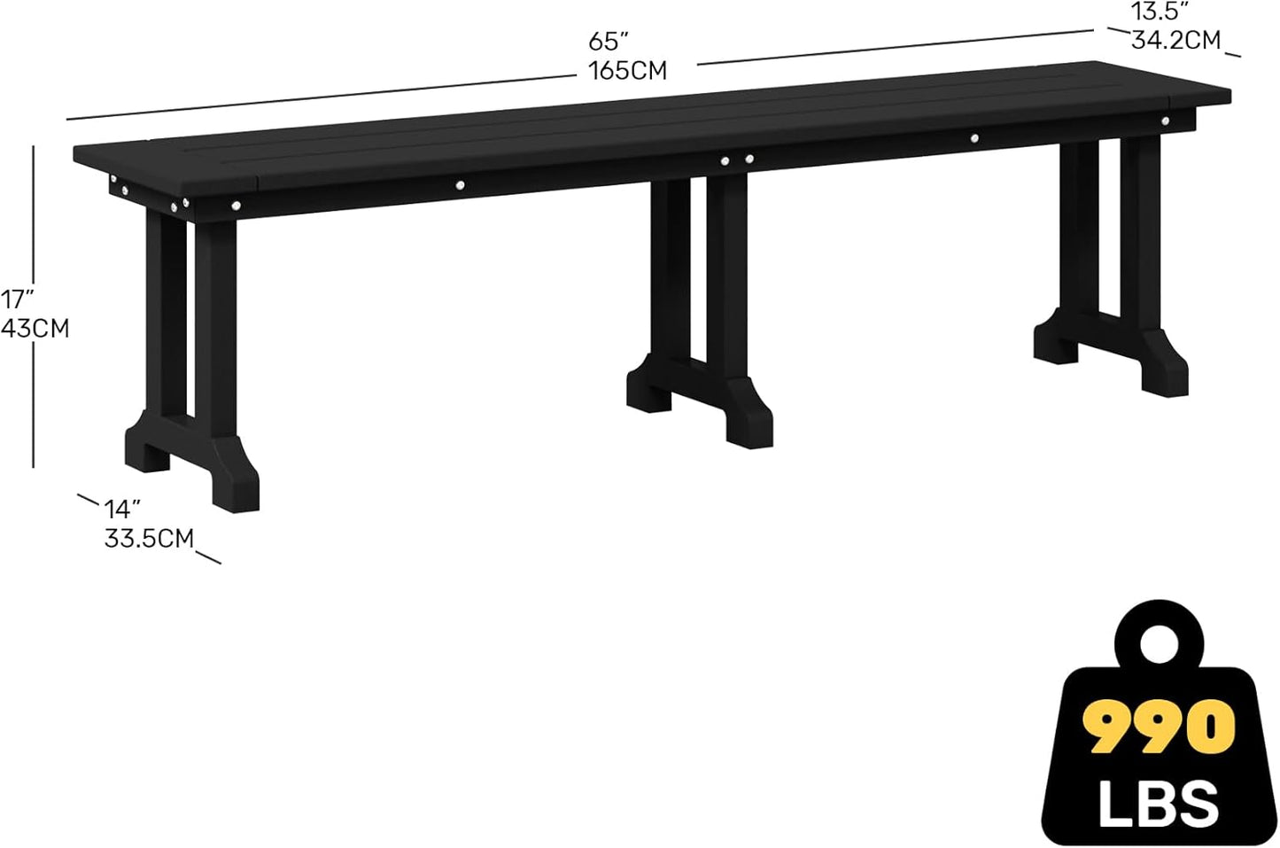 Outdoor Benches Weatherproof, Park Long Bench Poly Lumber Backless for Entryway Front Porch Garden Bench Seat for Patio, Black