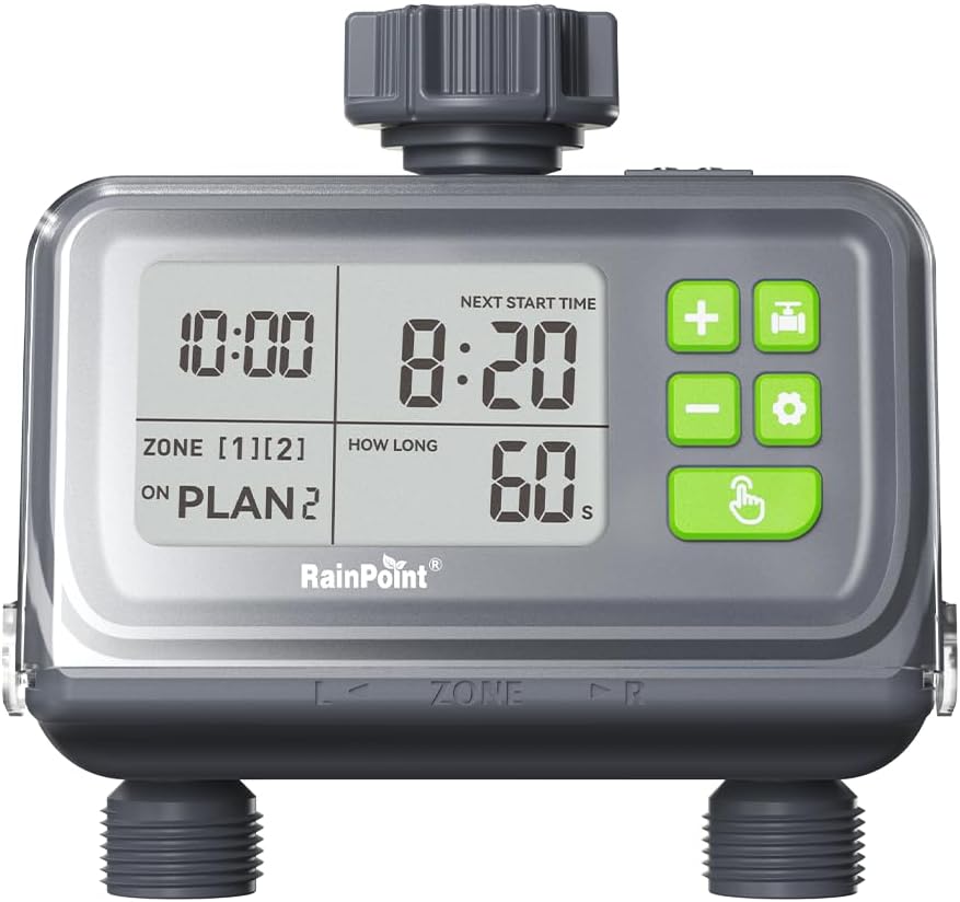 RAINPOINT 2 Zone Smart Water Timer for Garden Hoses - Lawn Sprinkler Timers with Up to 3 Preset Programs, Rain Delay Sensor, Smart Water Hose Timers, Drip Irrigation Timer for Garden Watering System