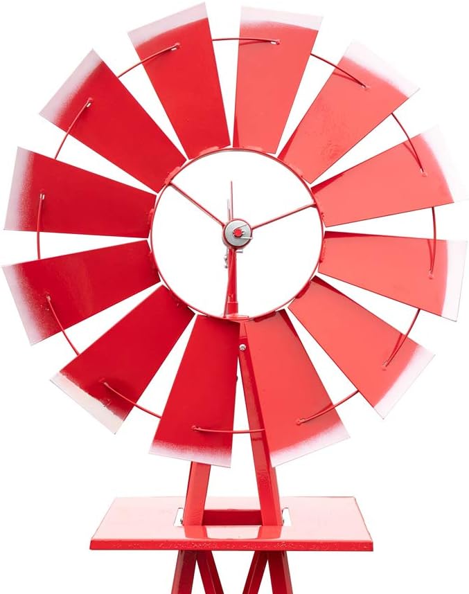 Garden Windmill for Yard Decor, 8 ft Tall Metal Windmill with Spinning Blades, Weather-Resistant Outdoor Windmill for Lawn, Farmhouse, Rustic & Farm Decor, Red