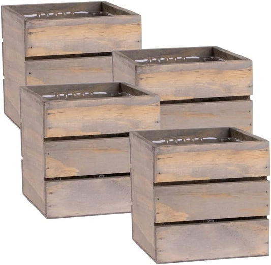 Wood Planter Box with Wine Crate Styled, 5 Inch Square, Rustic Barn Wood, Plastic Liner, Wedding Flowers Holder, Home and Venue Decor, (5x5 Wine Crate Set of 4)