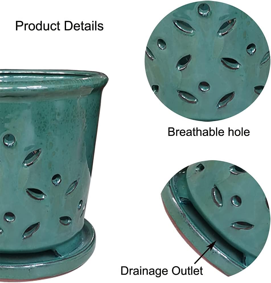 Forest Green Ceramic Orchid Pot with Holes & Saucer - 6" Round Contemporary Home Decoration