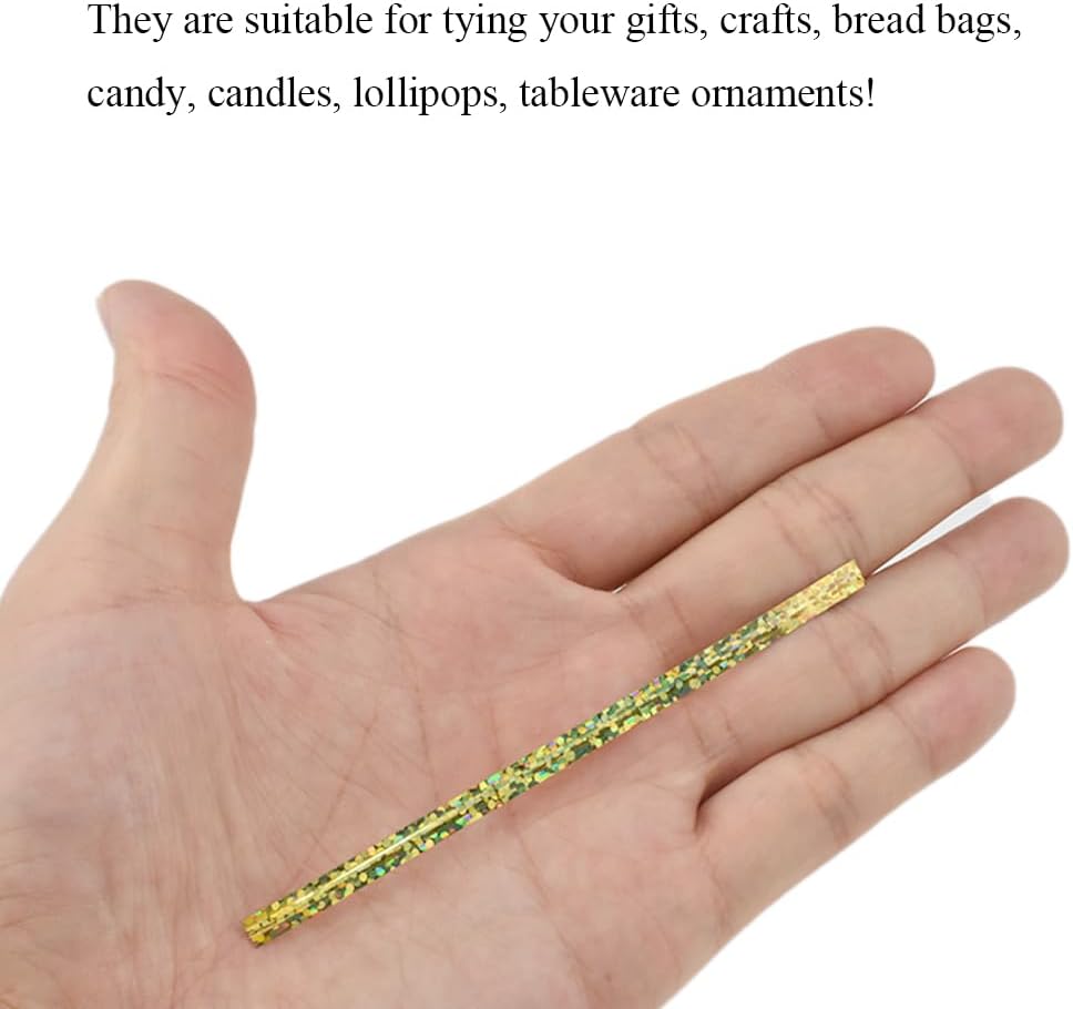 HAHIYO 300Pcs 4inches Holographic Gold Metal Twist Ties Bread Candy Coffee Bag Ties Plant Garden Twist Ties for Cellophane Treat Bags Gift Wraping Bags Plastic Bags Party Cake Present Art Crafts