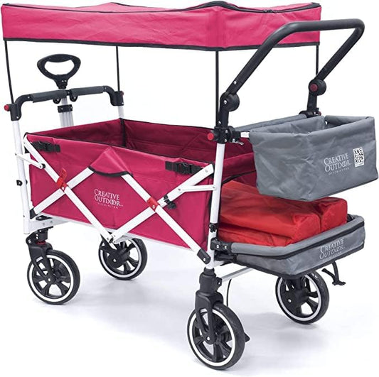 Creative Outdoor Wagon for Kids Push Pull Collapsible Stroller with Canopy Folding Cart | Titanium Series Plus | Beach, Park, Garden (Solid Pink)