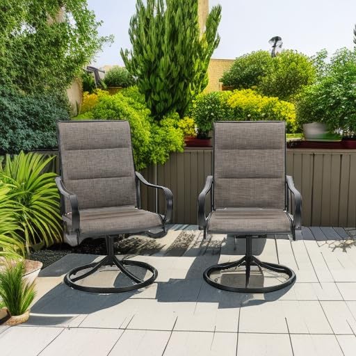 PHI VILLA Outdoor Swivel Patio Dining Chairs Set of 2, All Weather Patio Chair with Padded Textilene & Metal Frame for Outdoor Poolside Lawn Garden, Brown