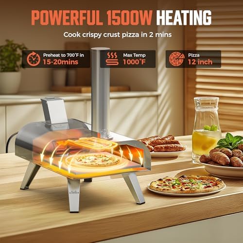 BIG HORN OUTDOORS 12" Dual Fuel Pizza Oven – Electric & Wood Pellet, Indoor & Outdoor High-Temp Pizza Maker (1000°F) with Pizza Stone for Wood-Fired Flavor