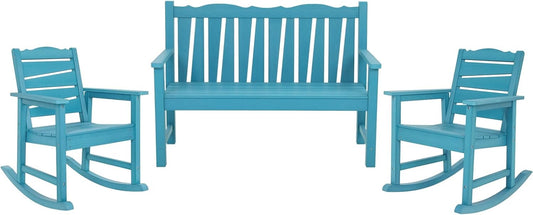 Outdoor Rocking Chairs Set, Weatherproof HIPS Outdoor Furniture, Include 2 Patio Rocking Chairs + Outdoor Bench, Suit for Garden, Porch, Lawn & Backyard(Lake Blue)