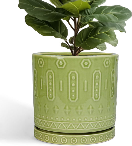 Ceramic Planter - 12 Inch Pots for Plants Indoor Outdoor, Round Large Flower Pots with Drainage Hole and Saucer, Decorative Boho Planter, Home Office Decor, Plant Lover Gifts, Green