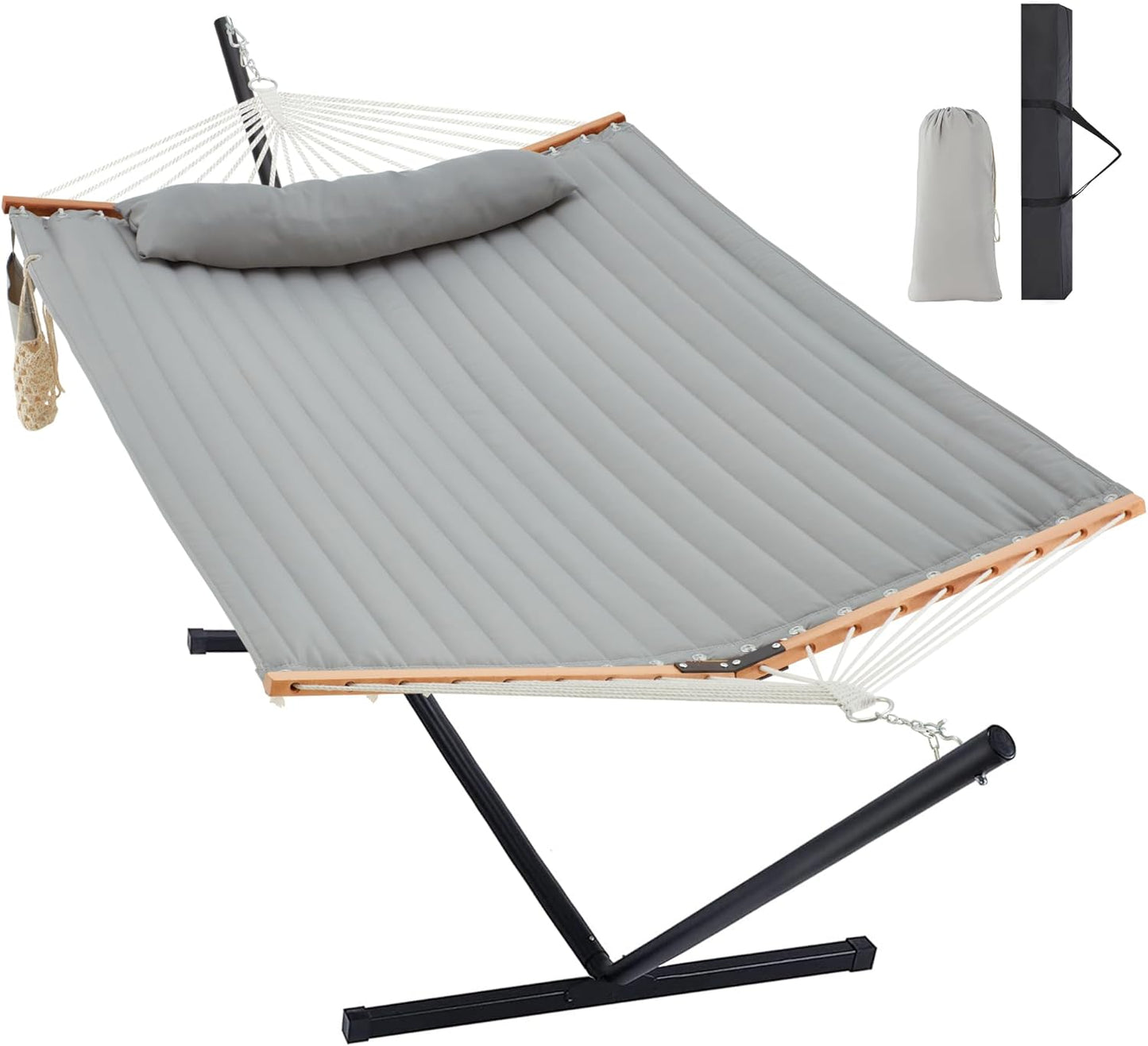 Two Person Hammock with Stand Heavy Duty, Outdoor Patio Hammock with Portable Steel Stand, Large Double Hammocks,480lbs Capacity.(Middle Grey)