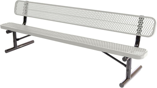 Heavy-Duty Portable Outdoor Bench Thermoplastic Coated, Expanded Metal, Commercial-Grade Seating, Made in America (Portable with Back, 8 Ft, Textured Grey)