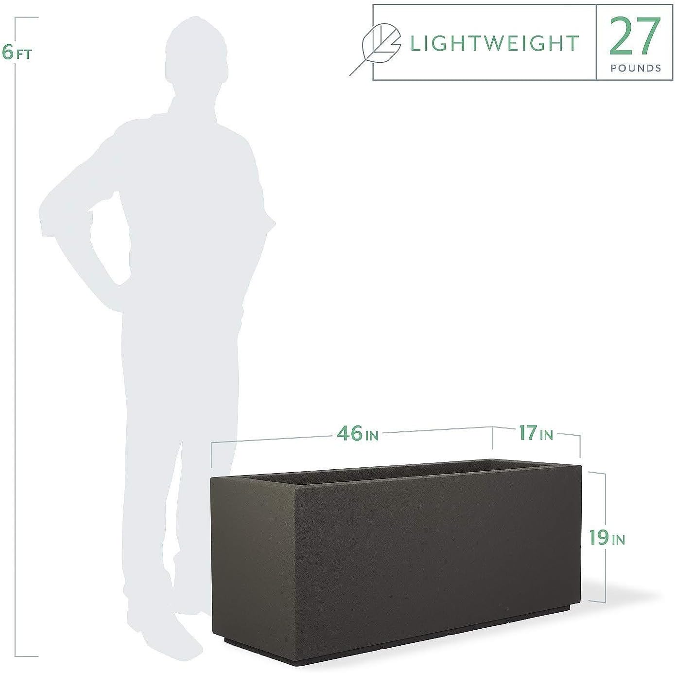 PolyStone Milan Tall Modern Outdoor/Indoor Rectangular Trough Planter, 46" L X 17" W X 19" H, Lightweight, Heavy Duty, Weather Resistant, Polymer Finish, Commercial and Residential (Slate Gray)