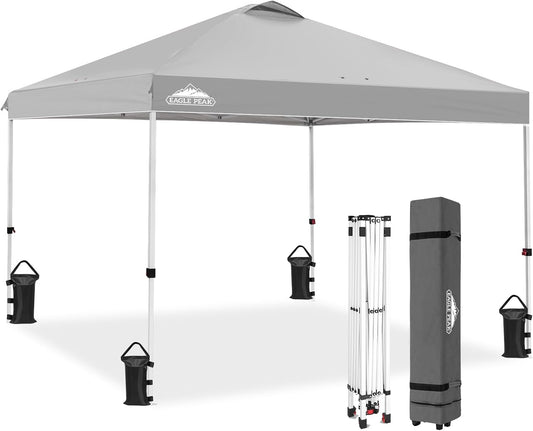 EAGLE PEAK Pop Up Canopy Tent with Wheeled Carry Bag, 8 Stakes, 4 Ropes, 4 Weight Bags, Easy Set Up Tent Canopy, 10x10 ft, 100sqft of Shade, Light Gray