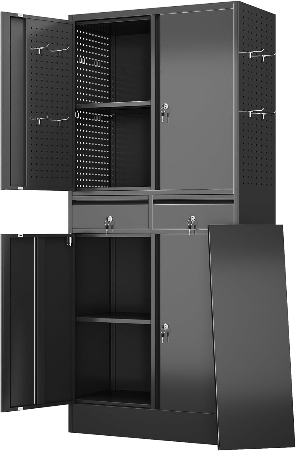 Garage Storage Cabinet, Metal Storage Cabinet with 2 Drawers and 2 Adjustable Shelves, Metal Lockers with Pegboards for Homes, Offices, Kitchens, Schools and Pantries