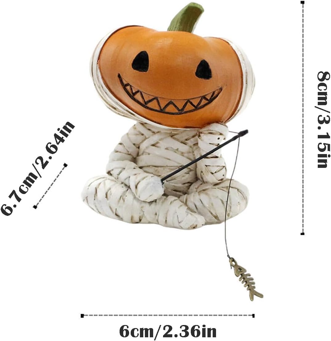 Fishing Pumpkin Head Mummy Statue Funny Halloween Decorations, 3.15 Inch Cute Sitting Figurine Shelf Sitter Resin Sculpture for Outdoor Garden Yard Lawn Pond Waterfalls Pool Ornaments
