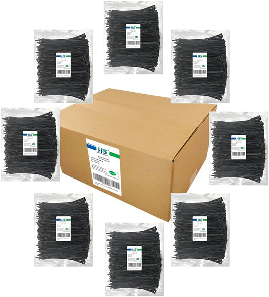 HS 8 Inch Zip Ties Black 40 Pounds Tensile Strength Thin Straps (Bulk 8000 Pack) Nylon PA66 UV Resistant,Self-Locking Small Electrical Plastic Cable Wire Zipties for Outdoor Use,Multi Purpose