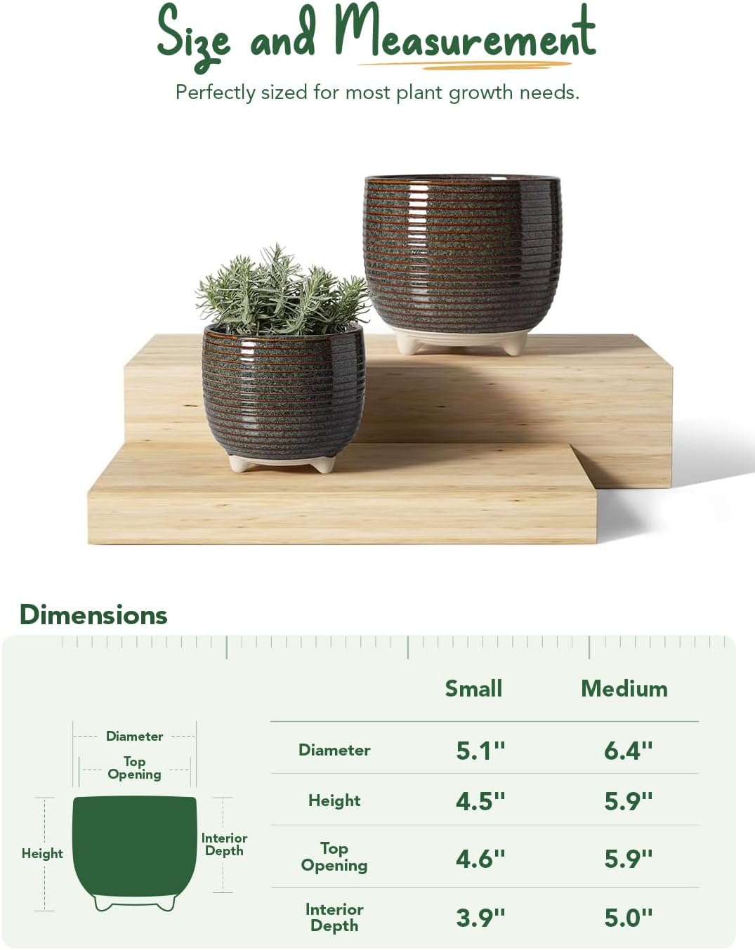 LE TAUCI Ceramic Plant Pots, 5.1 + 6.4 Inch Footed Pots for Plants, Modern Flower Pots for Home and Office, Indoor Planters with Drainage, Reactive Glaze Black