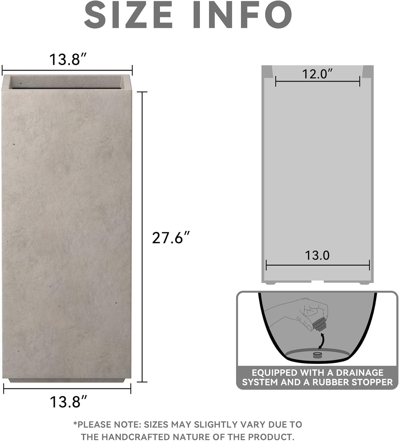 Kante 27.6" H Tall Rectangular Concrete Planter, Modern Square Diameter Plant Pot with Drainage Hole and Rubber Plug for Indoor Outdoor Home Patio Garden, Weathered Concrete