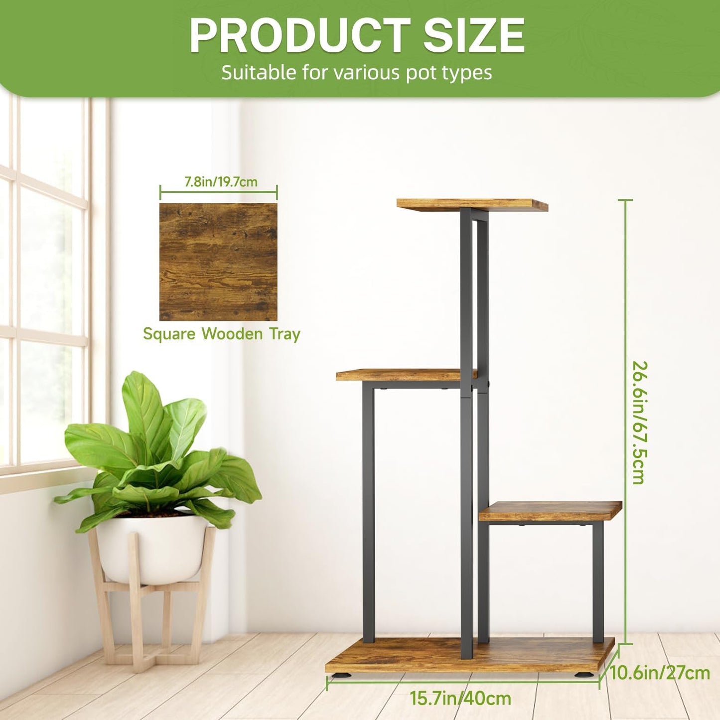 iDavosic.ly 4 Tier Plant Stand Indoor, Tiered Corner Plant Shelf for Multiple Plants, Metal Wood Tall Plant Display Rack Flower Holder for Patio Porch Garden Balcony Bedroom, Black