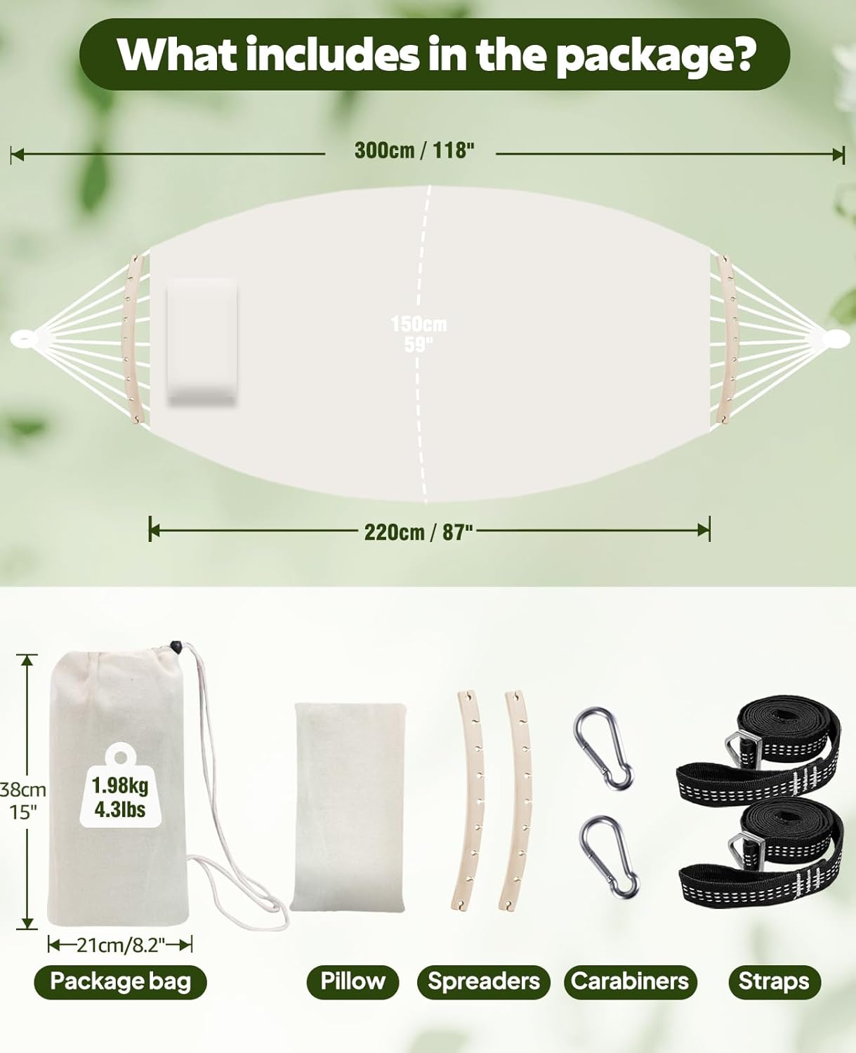 Chihee Cotton Hammock Large Soft Breathable Camping Hammock Holds Up to 660lbs Portable Tree Hammock with Detachable Spreader Bar Pillow 2 Strong Webbings 2 Carabiners Patio Garden Indoor Outdoor