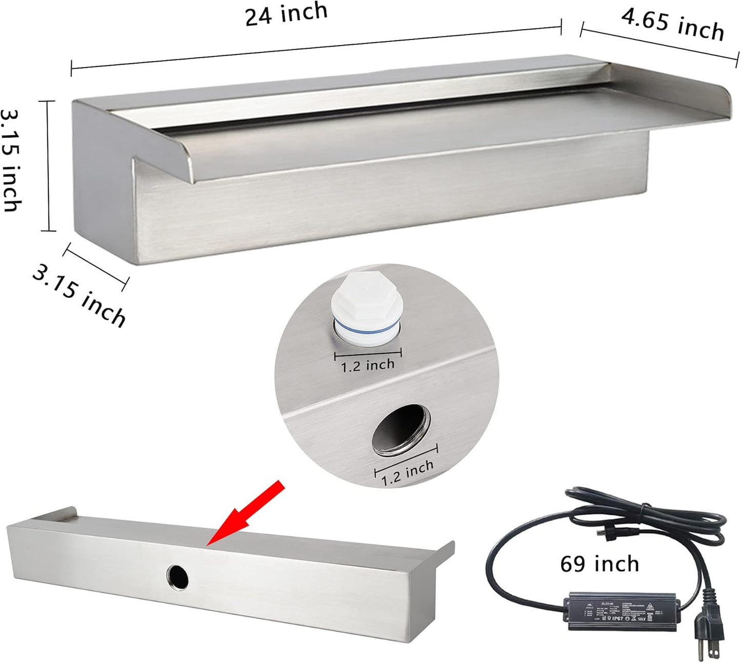 24" Water Pool Fountain 304 Stainless Steel Lighted Pool Waterfall Spillway with Wider Water Flow Platform, Multi-Color LED Strip Light with Remote Control for Indoor, Garden, Outdoor Decoration