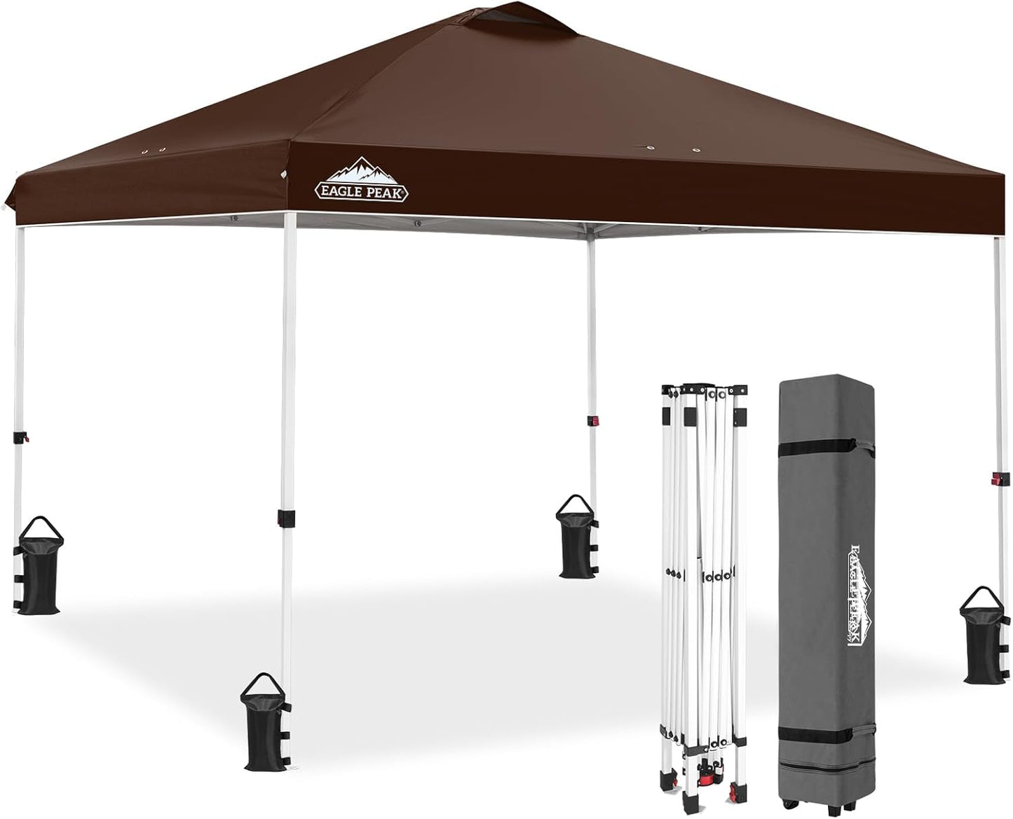 EAGLE PEAK Pop Up Canopy Tent with Wheeled Carry Bag, 8 Stakes, 4 Ropes, 4 Weight Bags, Easy Set Up Tent Canopy, 10x10 ft, 100sqft of Shade,Brown