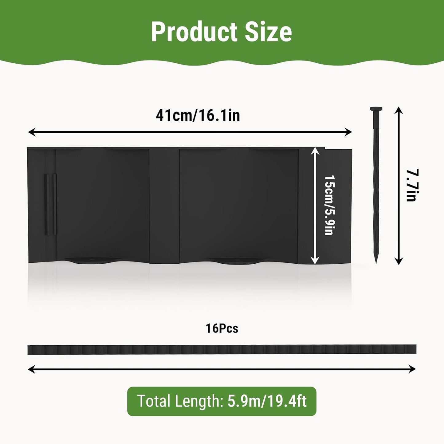 Mars Villa Landscape Edging 20FT, Interlocking Landscape Edging 5.9in No Dig Garden Edging Border for Landscaping, Flexible Flower Bed Lawn Edging for Outdoor Pathway, with Stakes,(Black,16PCS)