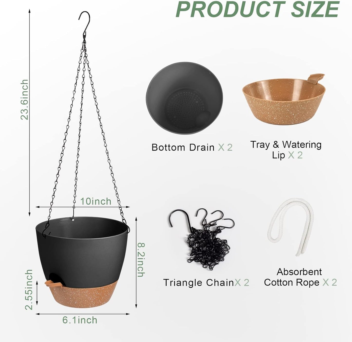 Hanging Planters for Indoor Outdoor Plants, 2 Pack Self Watering Hanging Pot with Drainage Holes & Removable Tray (Black, 10'')
