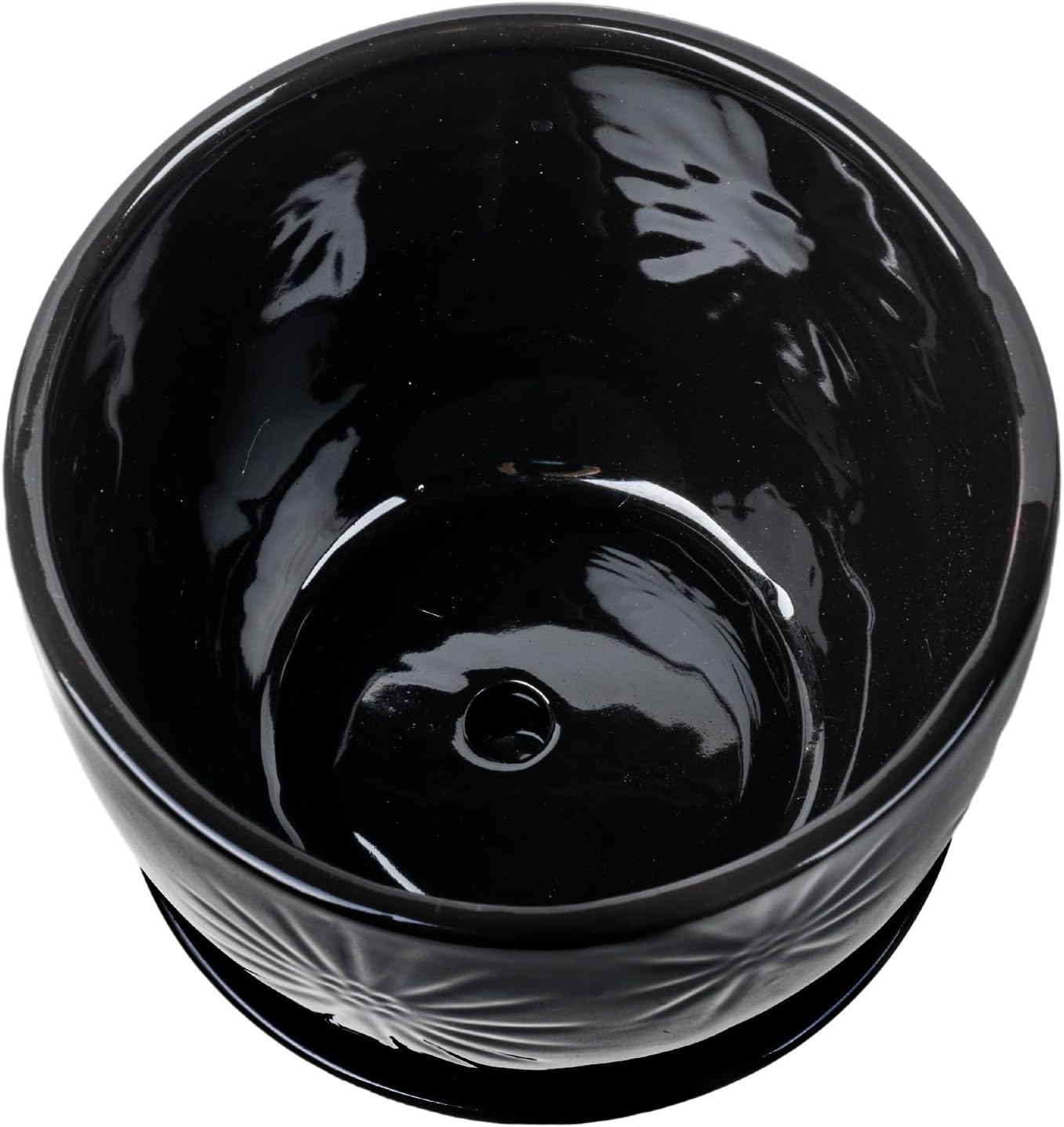 MyGift 7 Inch Glossy Black Ceramic Plant Pot with Drainage Hole and Attached Saucer, Modern Decorative Embossed Sunburst Planter Container for Indoor Home Garden