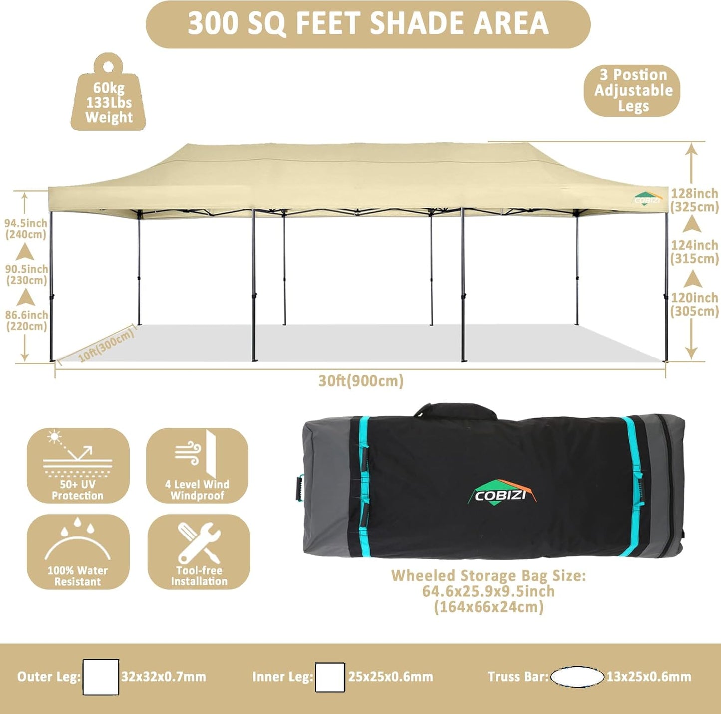 COBIZI 10x30 Pop Up Canopy Without Sidewall,Heavy Duty Canopy UPF 50+ All Season Wind Waterproof Commercial Outdoor Wedding Party Tents for Parties Canopy Gazebo with Roller Bag(10 x 30 ft Khaki)